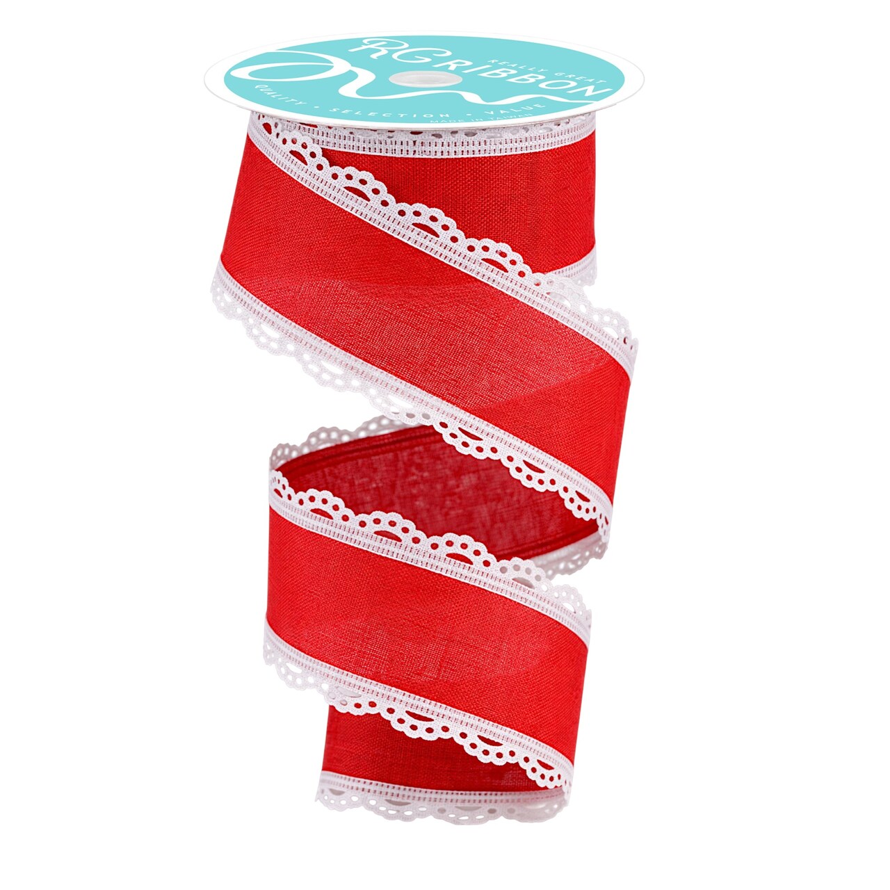 RG Ribbon: 2.5" Inch Red and White Lace Edged Wired Ribbon for Bows, Wreaths, Crafts and Decorations - 4th of July, Summer, Fall, Christmas
